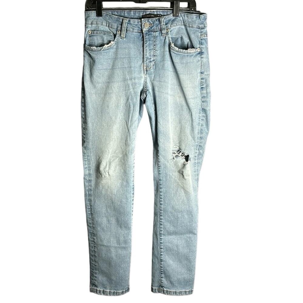 Tahari Mid Rise Light Wash Distressed Jeans 32